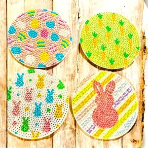 Colorful Easter Coaster Set of 4 w/Holder, Hand Crafted Diamond Art NWT